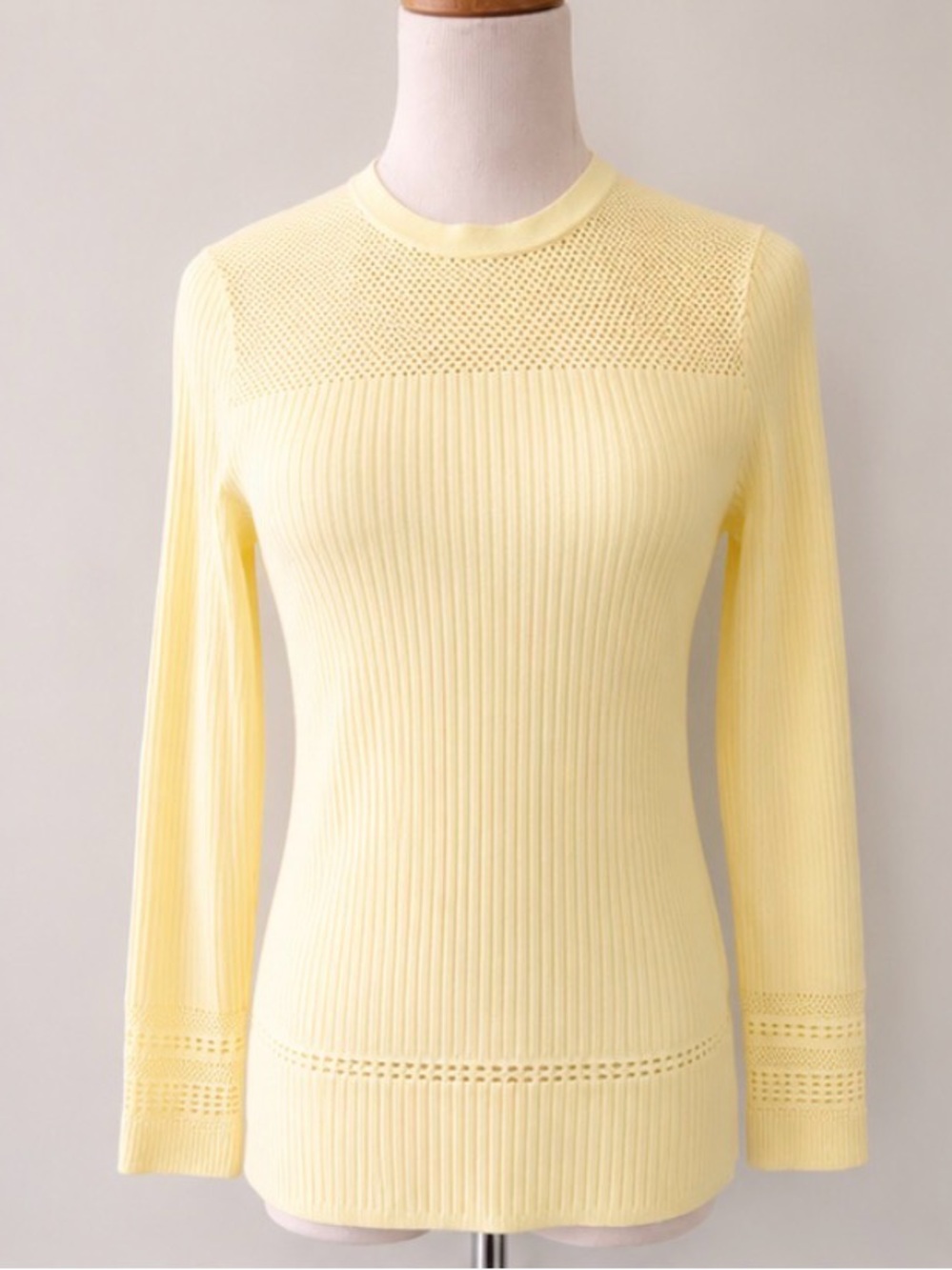 [Per Se by Carlisle] Pale Yellow Ribbed Knit Sweater Open Knit Yoke Top XS